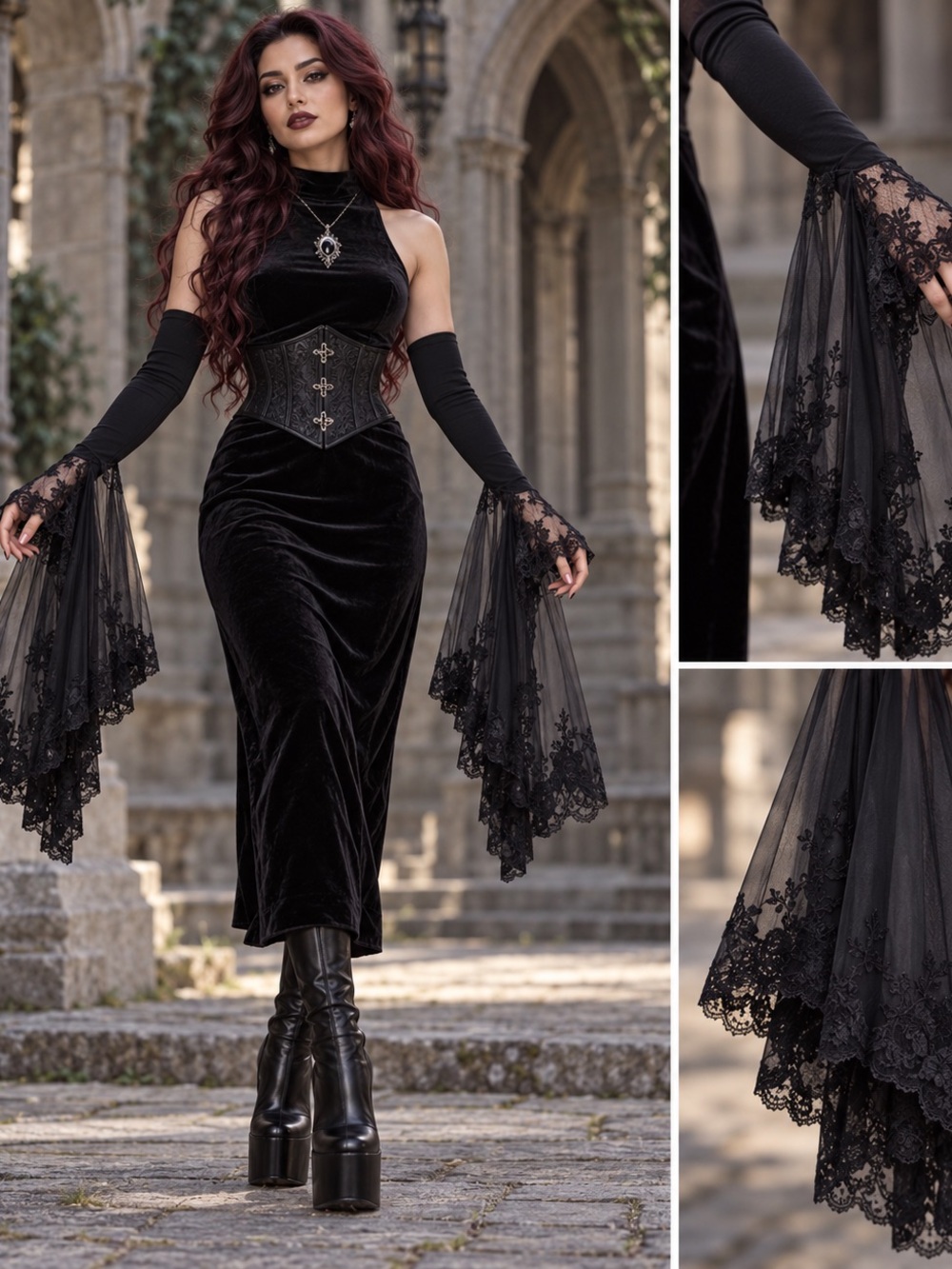 Black Velvet Gothic Lace Bell-Sleeve Arm Warmers